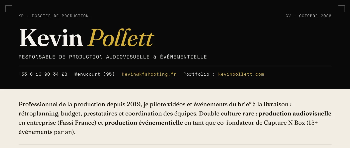Aperçu du CV de Kevin Pollett : en-tête, rôle et résumé